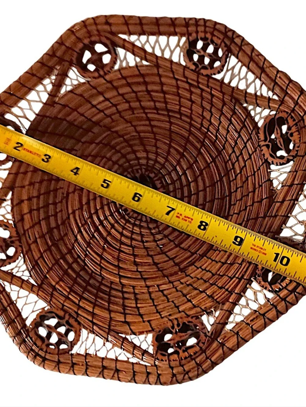 Vintage Long Pine Needle Basket Walnut Slice Inserts Coiled Folk Art Hand Woven